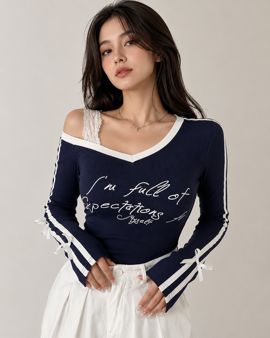 Women’s Navy Off Shoulder Ribbed Top – Contrast V Neck Long Sleeve Bow Detail Blouse