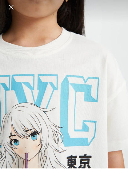 Defacto Girls White NYC Anime Print T-Shirt 5-6Y