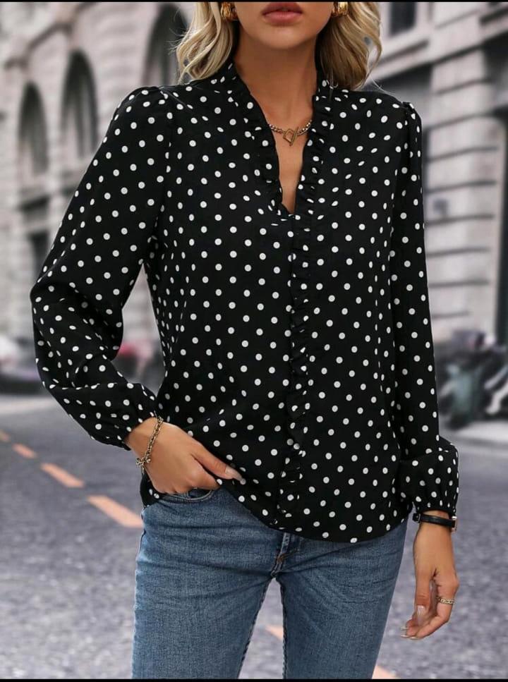 SHEIN Fast Delivery Women’s Black Polka Dot Ruffle Blouse
