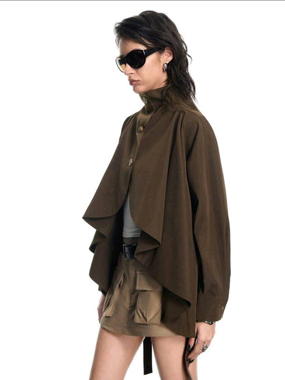 Brown Asymmetric Trench Jacket – Wavy Hem High Neck Women Utility Coat