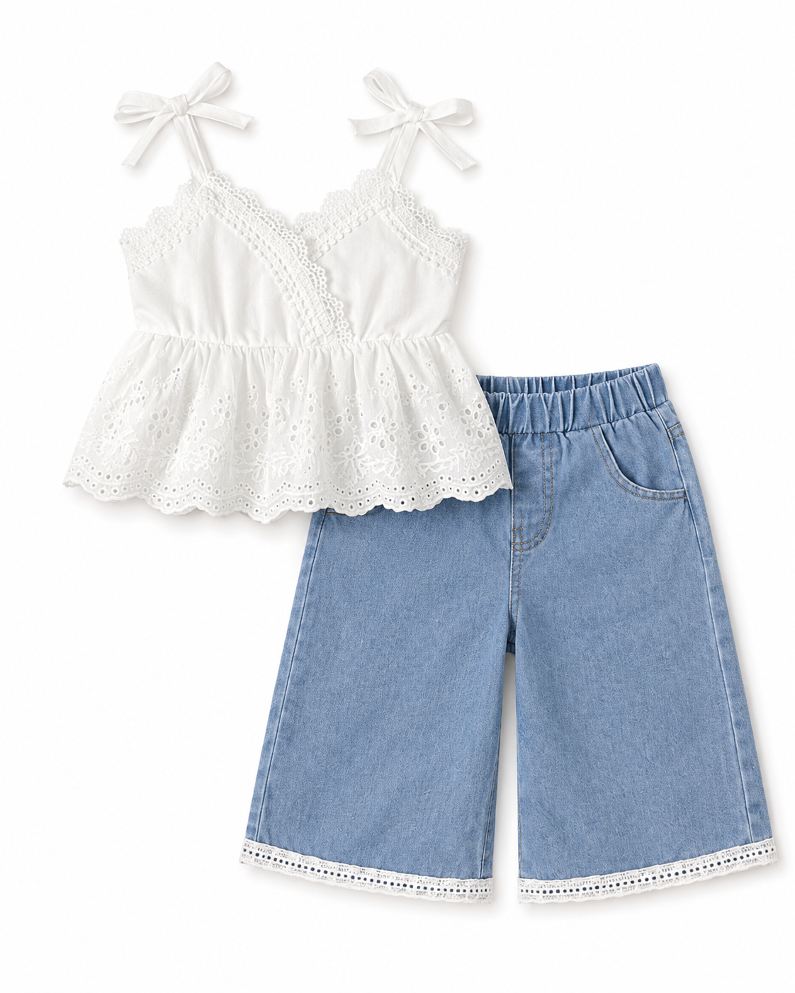 Girls White Lace Cami and Denim Wide-Leg Pants Set – SHEIN Fast Delivery in 5 Days