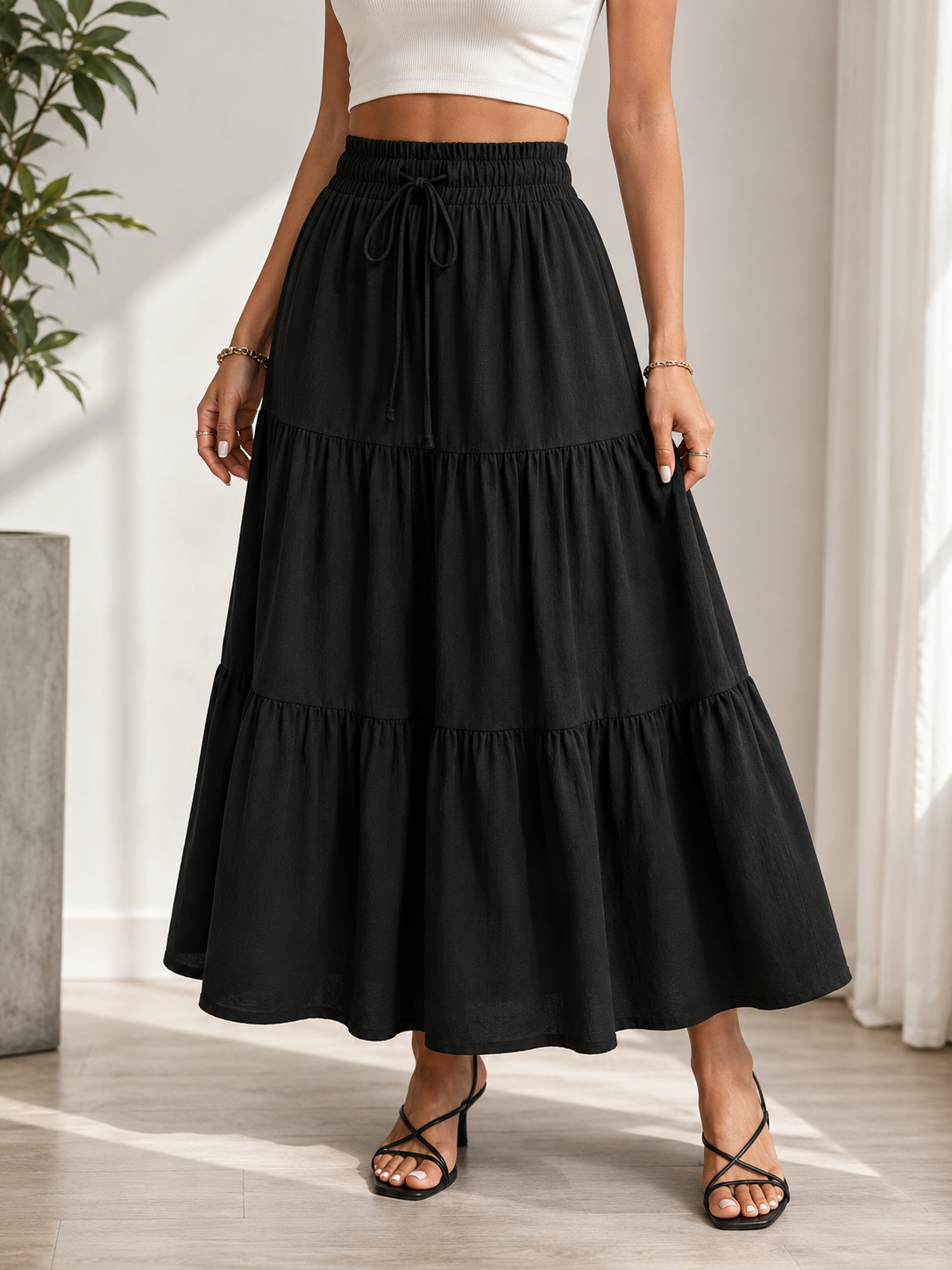 Black High Waist Tiered Midi Skirt for Women with Drawstring Waist