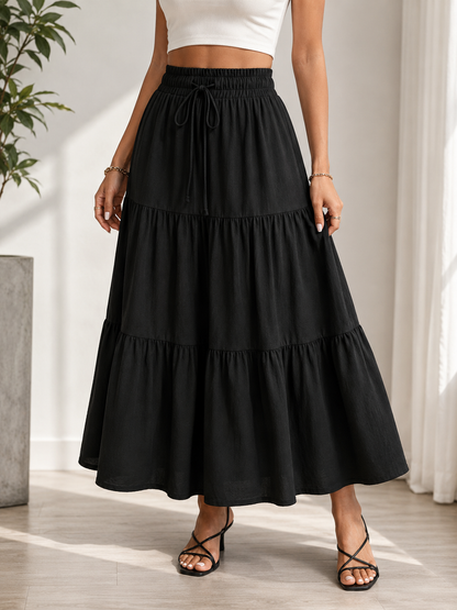 Black High Waist Tiered Midi Skirt for Women with Drawstring Waist