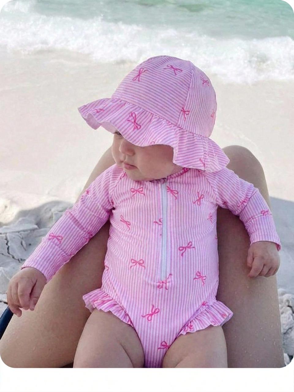 Baby Pink Bow Striped Long Sleeve Swimsuit Set with Hat – SHEIN Fast Delivery in 5 Days