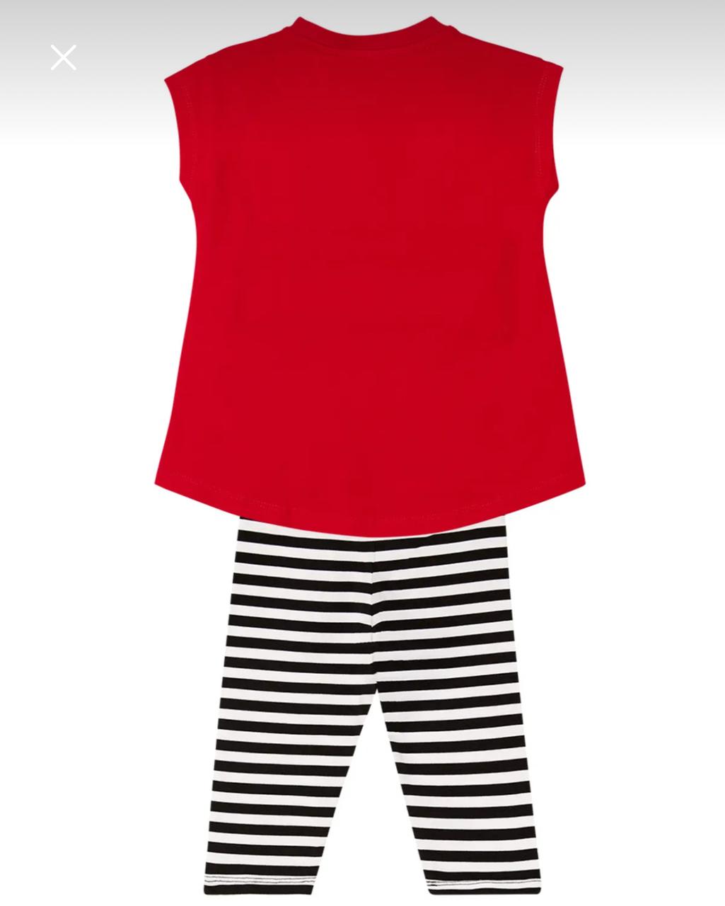 Girls Red Cat Print Sleeveless Top and Striped Leggings Set