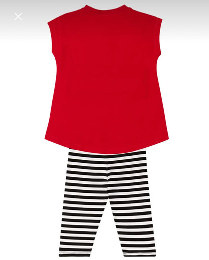 Girls Red Cat Print Sleeveless Top and Striped Leggings Set