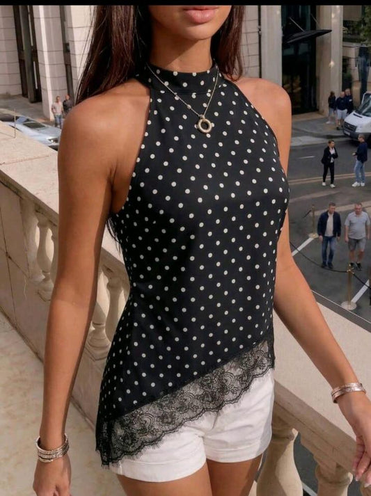 SHEIN Fast Delivery Women’s Black Polka Dot Halter Top with Lace Hem