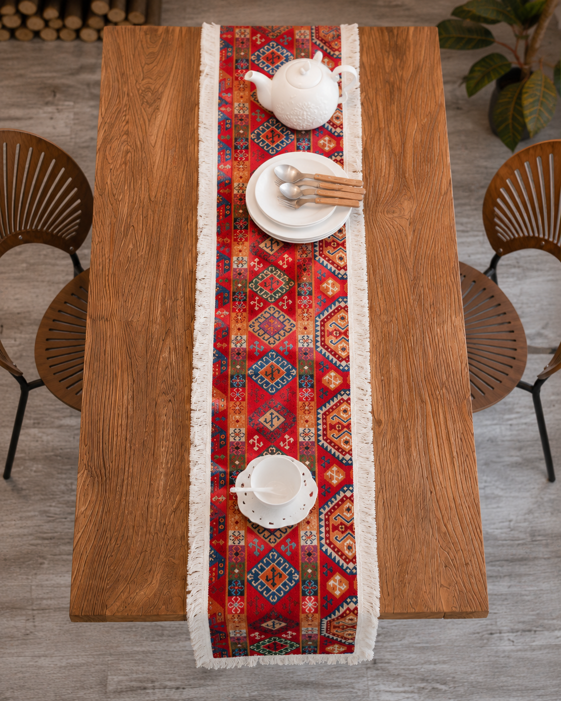 Bohemian Red Geometric Tassel Table Runner