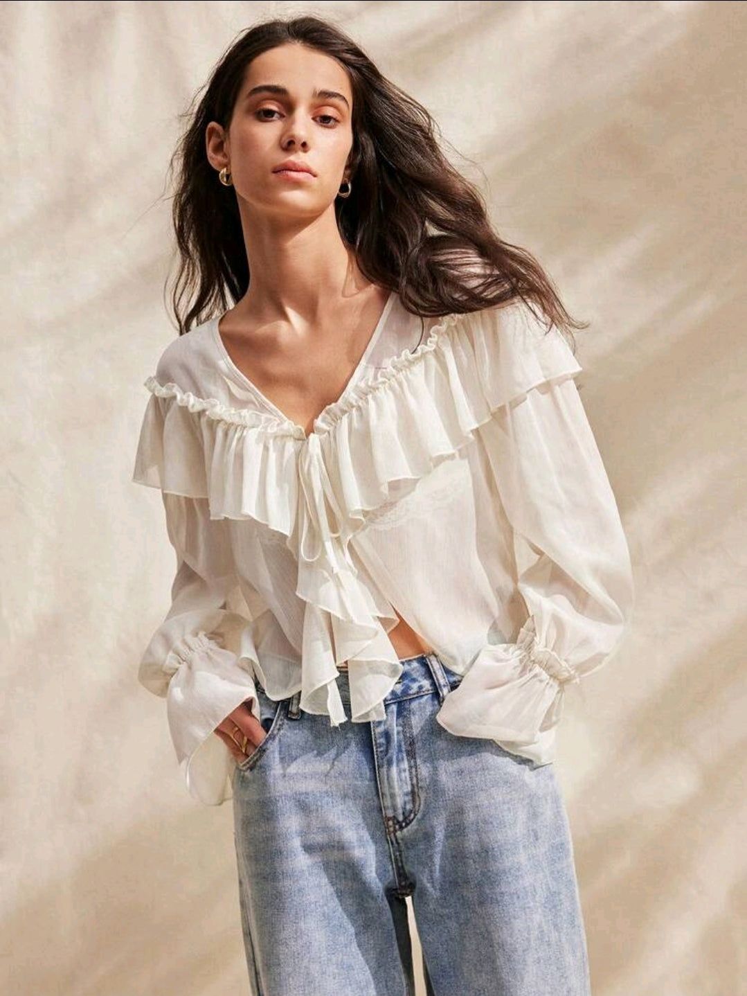 White Boho Ruffle Sheer Blouse – V Neck Lace Trim Romantic Women Top