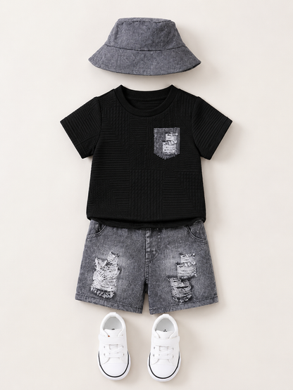 SHEIN Boys 3-Piece Black T-Shirt, Distressed Shorts and Bucket Hat Set
