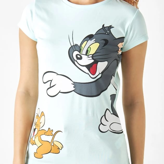 Women’s Cotton Splash Cartoon Graphic T-Shirt – Light Blue Short Sleeve Casual Top