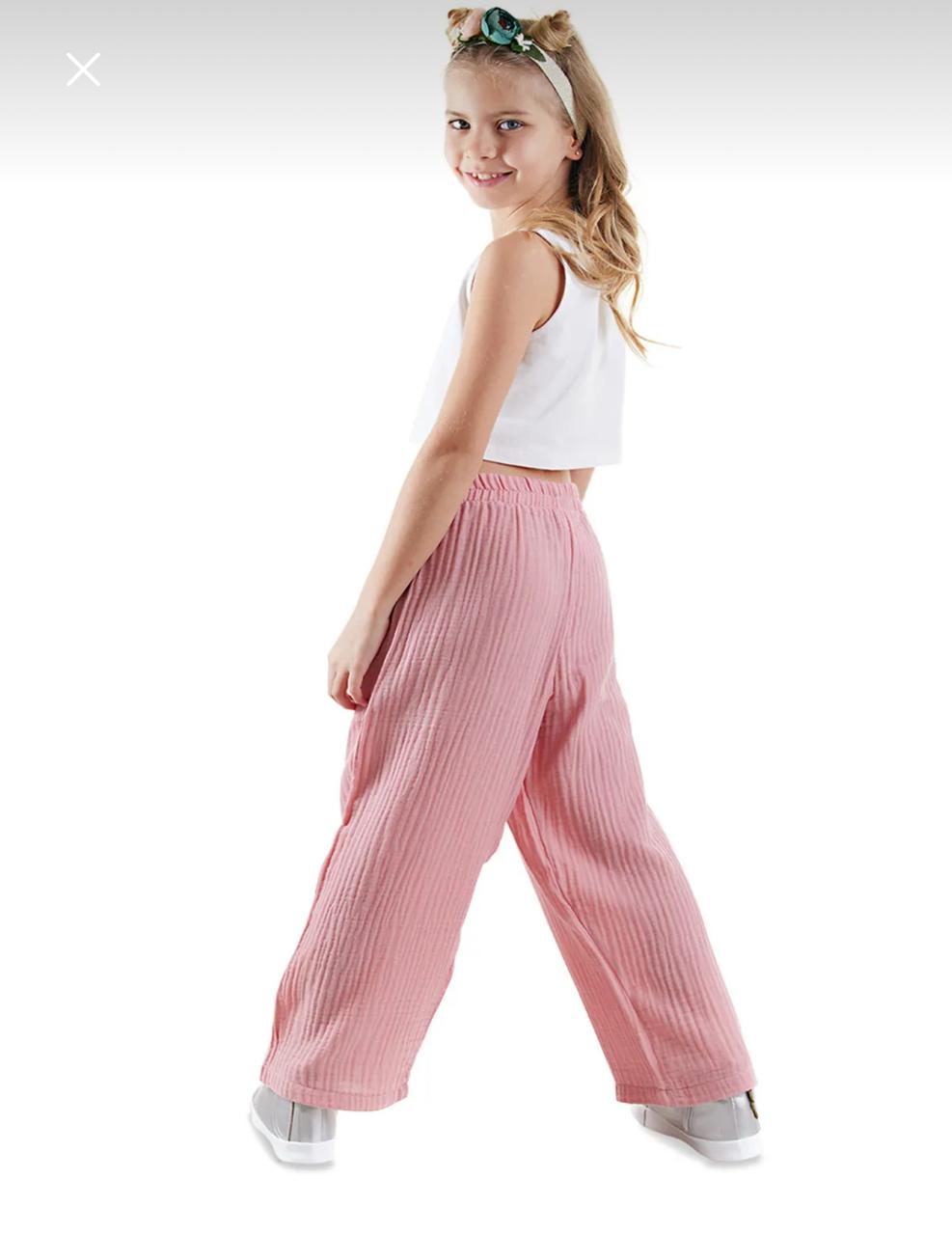 Girls’ Denokids Pink Floral Summer Set – Cotton Crop Top and Wide Leg Pants