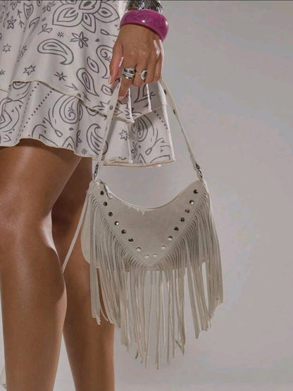 Women’s White Fringe Shoulder Bag – Studded Faux Leather Western Crossbody Bag