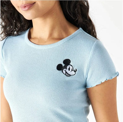 Women’s Splash Mickey Embroidered Crop T-Shirt – Light Blue Cotton Short Sleeve Top