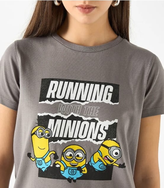 Women’s Splash Minions Graphic T-Shirt – Grey Cotton Short Sleeve Casual Top