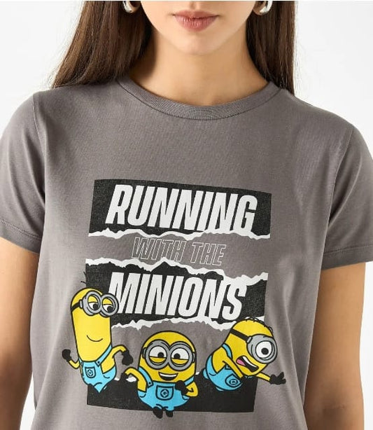 Women’s Splash Minions Graphic T-Shirt – Grey Cotton Short Sleeve Casual Top