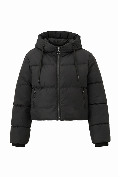 Black Hooded Puffer Jacket – Women’s Short Zip-Up Quilted Winter Coat