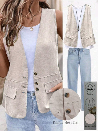 SHEIN Women Beige Cotton Button Vest