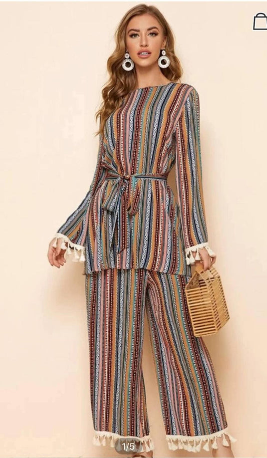 Boho Striped Two-Piece Women’s Set with Tassel Trim, Long Sleeve Top and Wide-Leg Pants