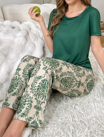 SHEIN Fast Delivery Green Top Printed Pajama Set
