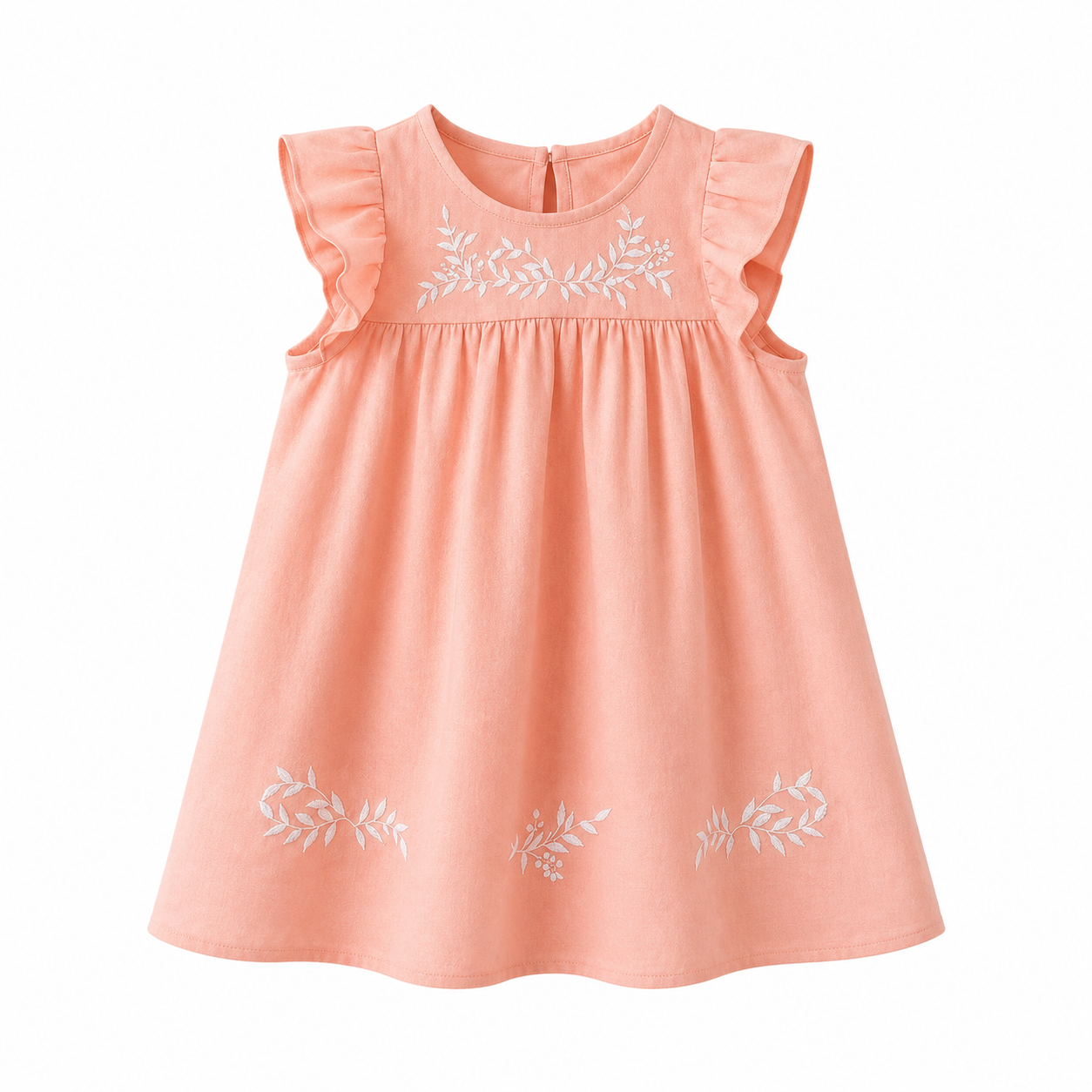 Girls Peach Embroidered Flutter Sleeve Dress