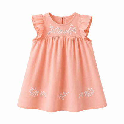 Girls Peach Embroidered Flutter Sleeve Dress