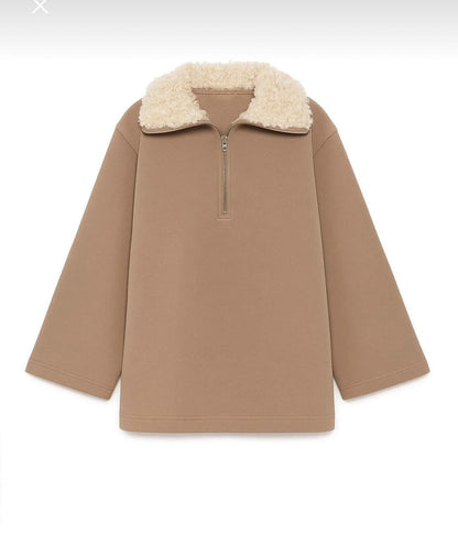 Women’s Taupe Oversized Half-Zip Fleece Collar Sweatshirt – Cozy Longline Winter Pullover
