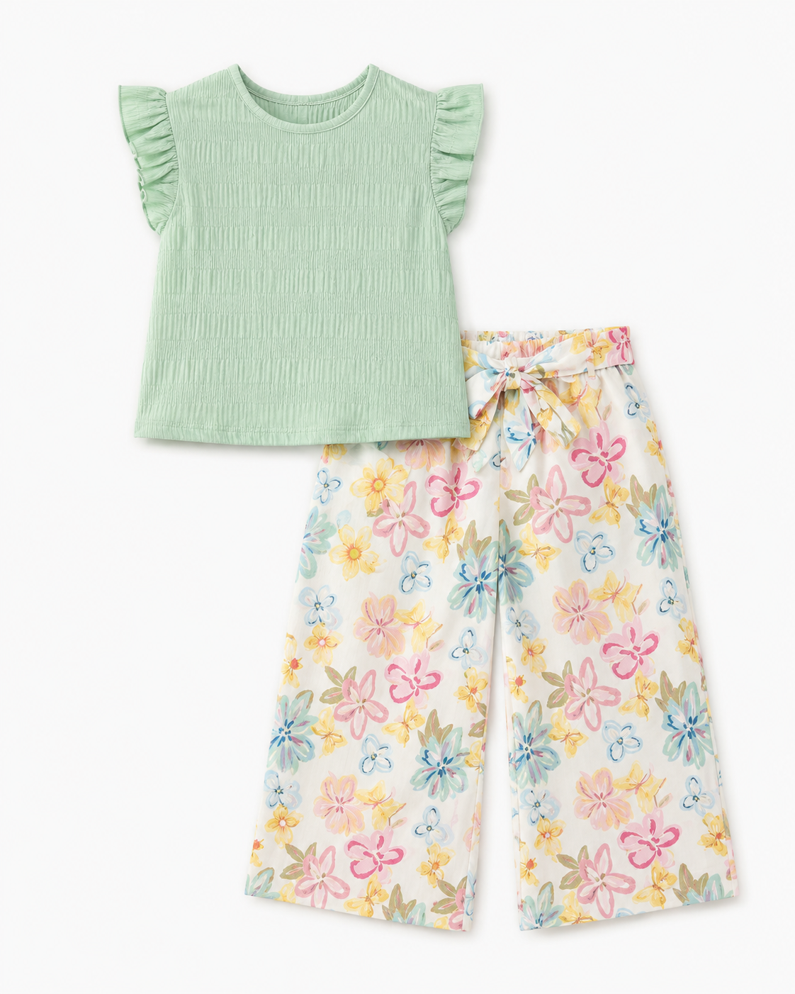 Girls Mint Ruffle Top & Floral Wide Leg Pants Set – Summer 2 Piece Kids Outfit, Fast Delivery in 5 Days