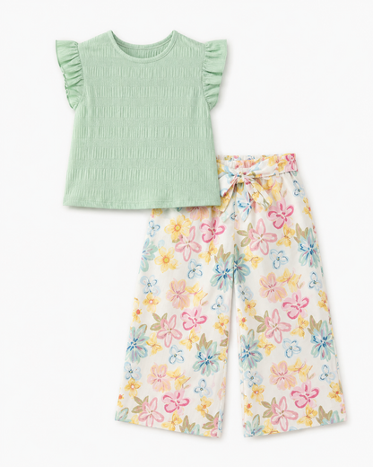 Girls Mint Ruffle Top & Floral Wide Leg Pants Set – Summer 2 Piece Kids Outfit, Fast Delivery in 5 Days
