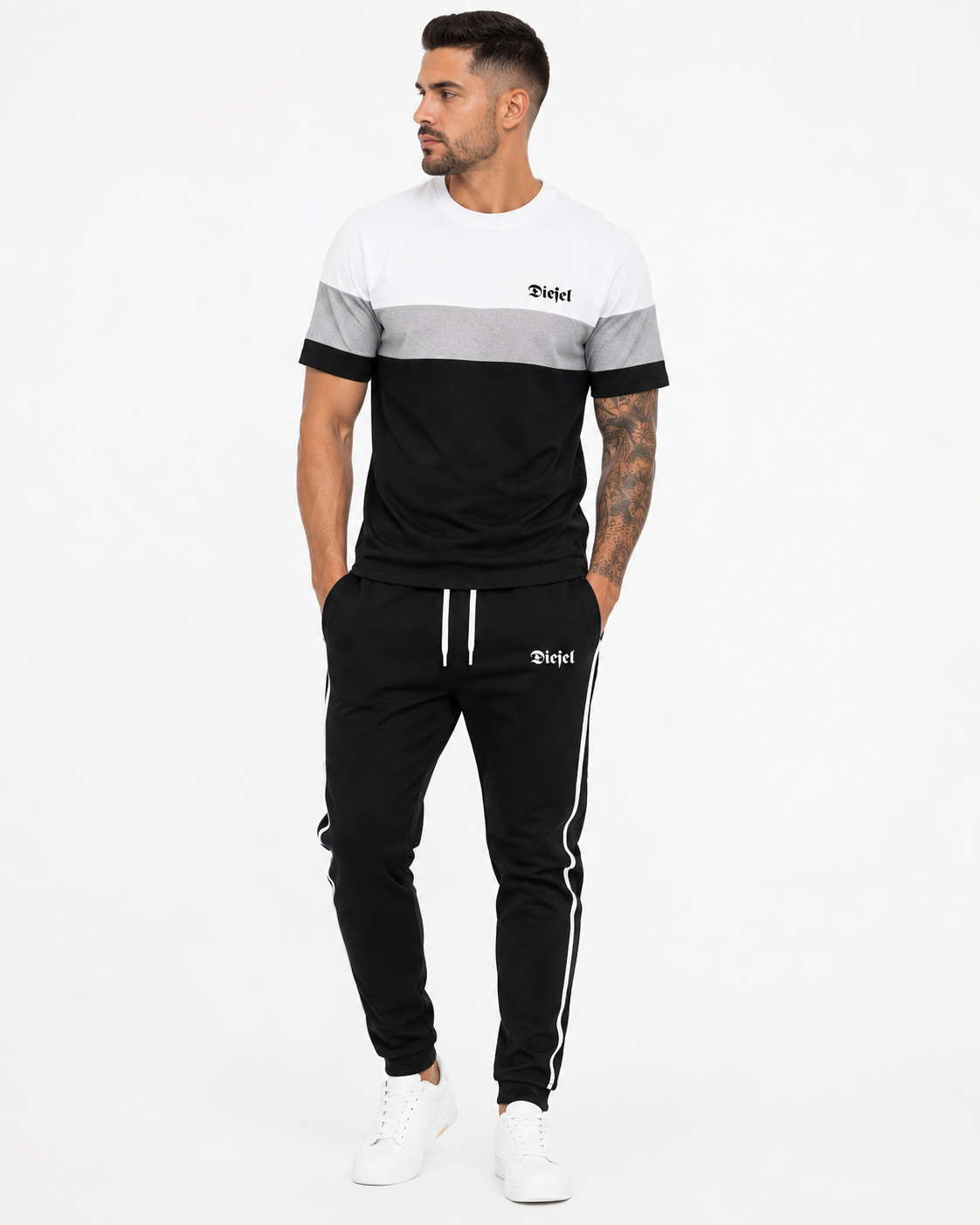 SHEIN Men’s Black & White Color Block Tracksuit Set – Short Sleeve T-Shirt and Jogger Pants