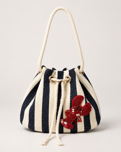 SHEIN Women Navy Striped Lobster Drawstring Bucket Bag