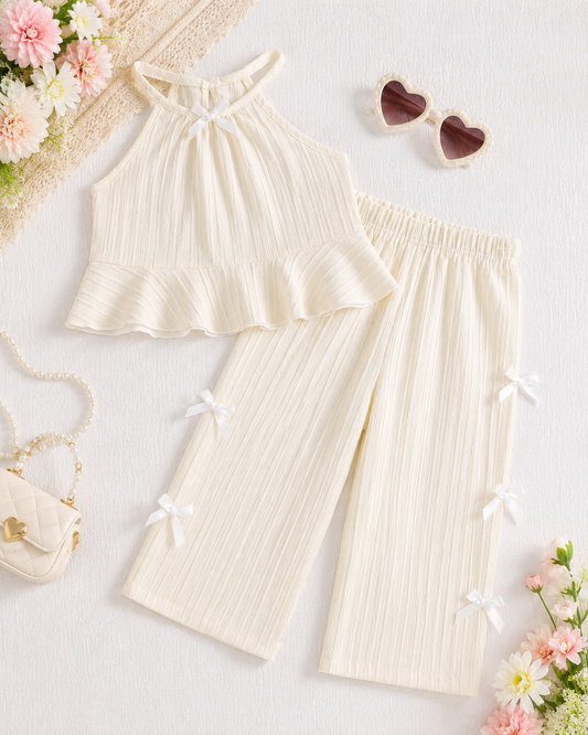 Baby Girls White Ribbed Peplum Top and Wide Leg Pants Set with Bow Details