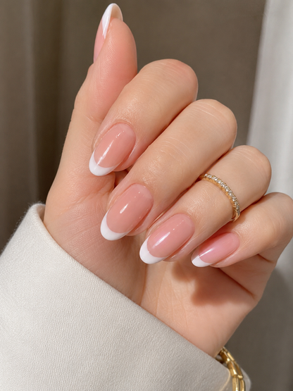 24-Piece French Press-On Nails – Glossy Nude & White Almond Fake Nails – Elegant Reusable Manicure Set