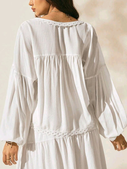 Easelle White Boho Lace Patchwork Blouse – Lantern Sleeve Crochet Detail Vacation Top