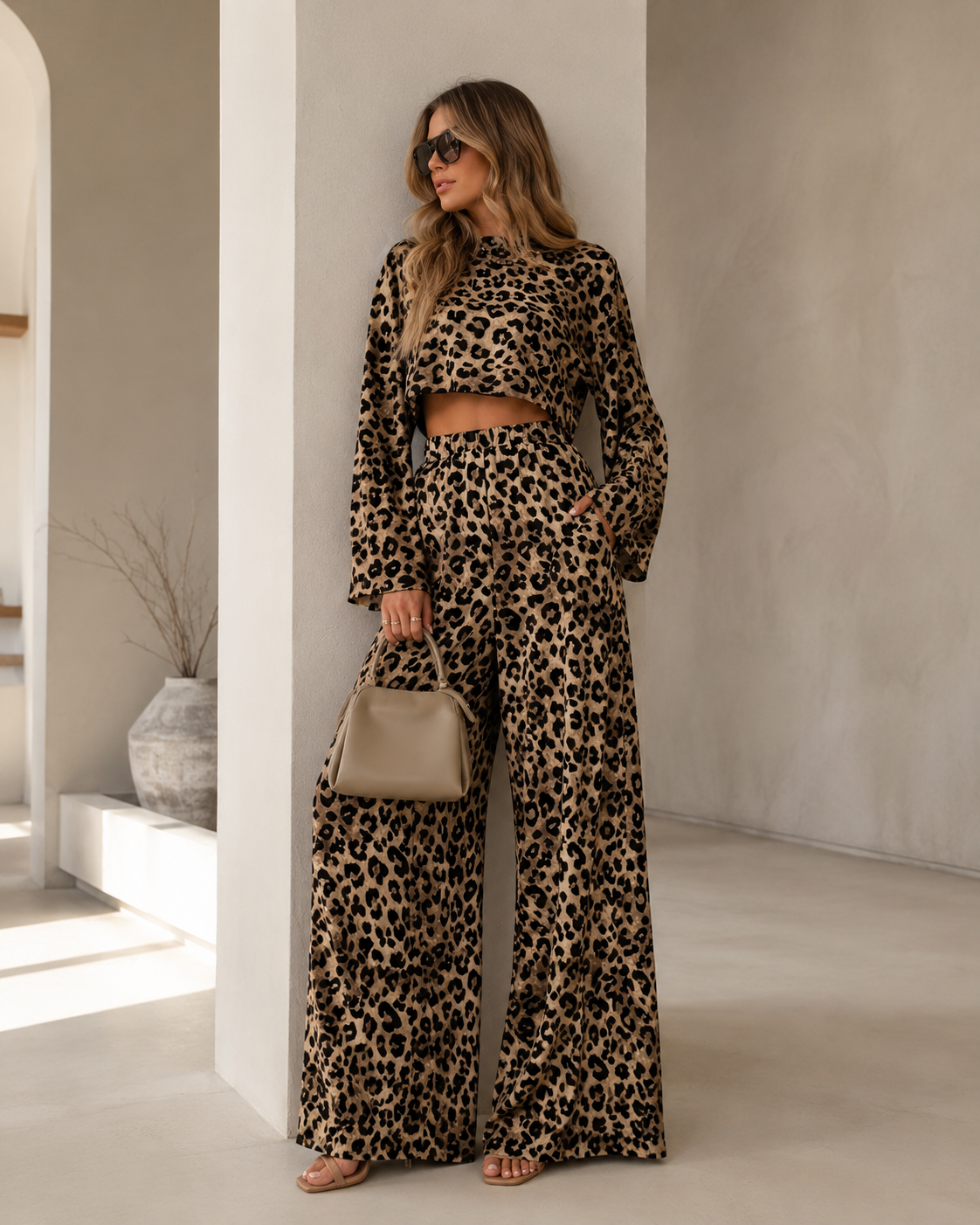 Women’s TEMU Leopard Print Three Piece Set – Crop Top, Long Cardigan and Wide Leg Pants