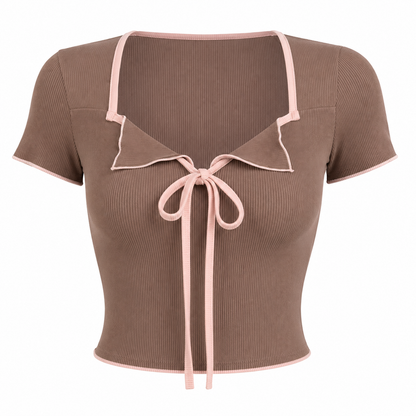 Women’s Brown Ribbed Short Sleeve Top with Pink Bow Tie Detail