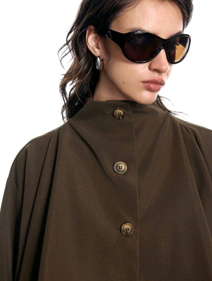 Brown Asymmetric Trench Jacket – Wavy Hem High Neck Women Utility Coat
