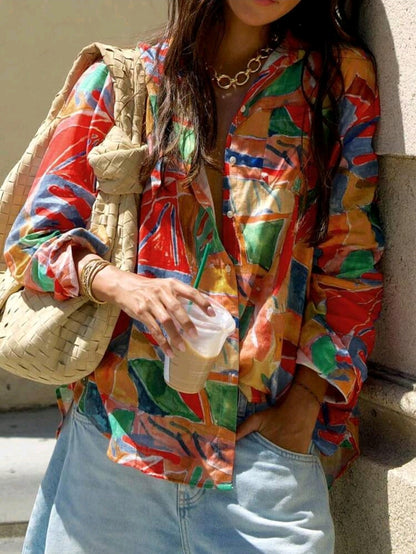 Colorful Tropical Print Button-Up Shirt for Women