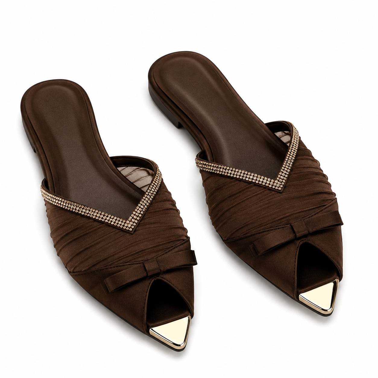 SHEIN Women’s Brown Satin Flat Mules – Rhinestone V Strap Pointed Toe Slides, SHEIN Fast Delivery in 5 Days