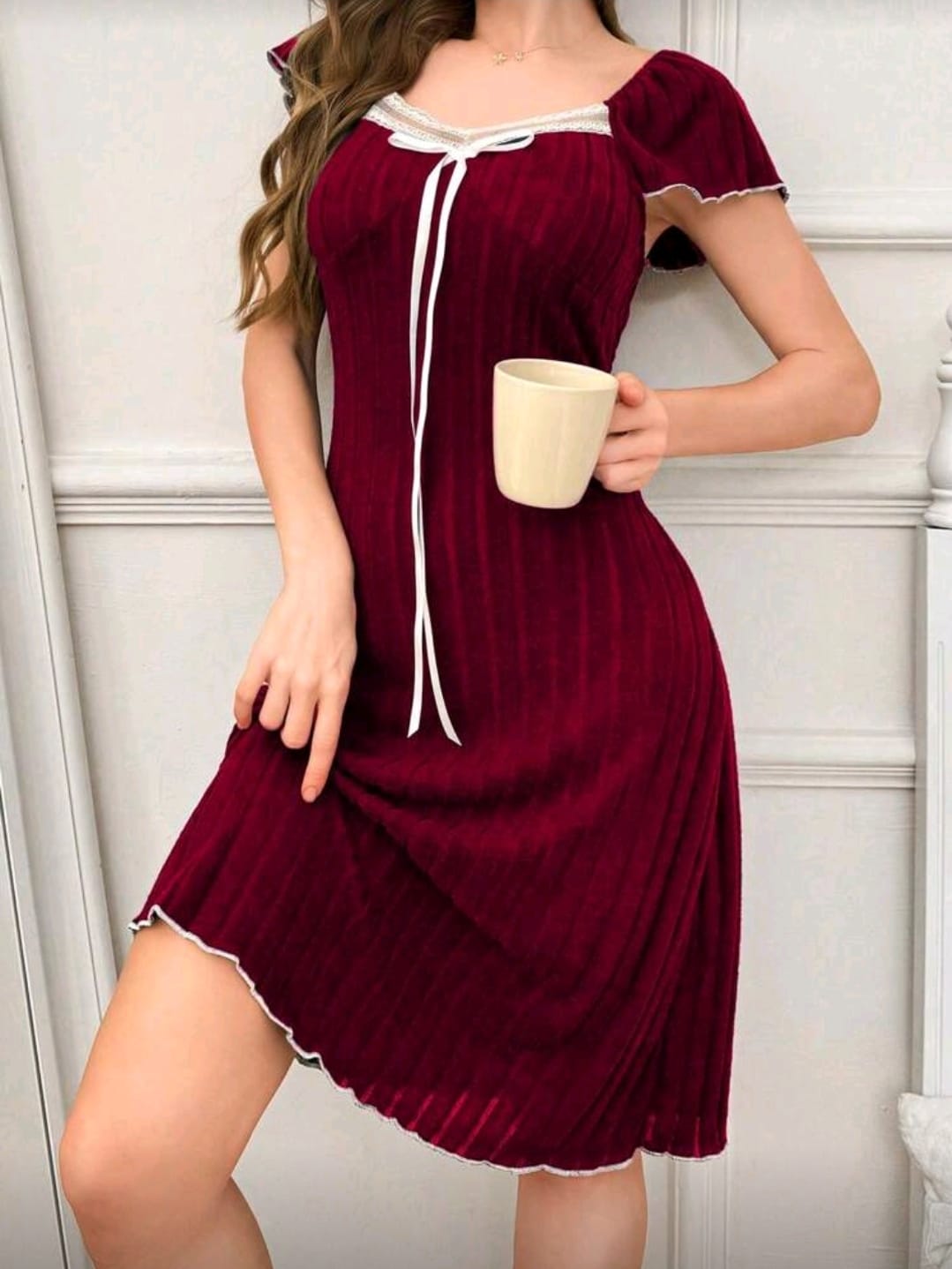 Women Burgundy Ribbed Midi Dress â€“ Short Sleeve Lace Trim Elegant Fitted Dress