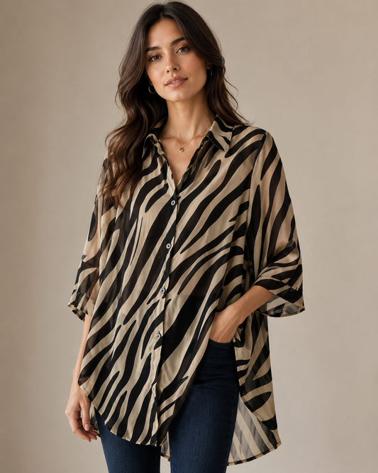 Women’s Zebra Print Oversized Button-Up Shirt, Black Beige Lightweight Blouse