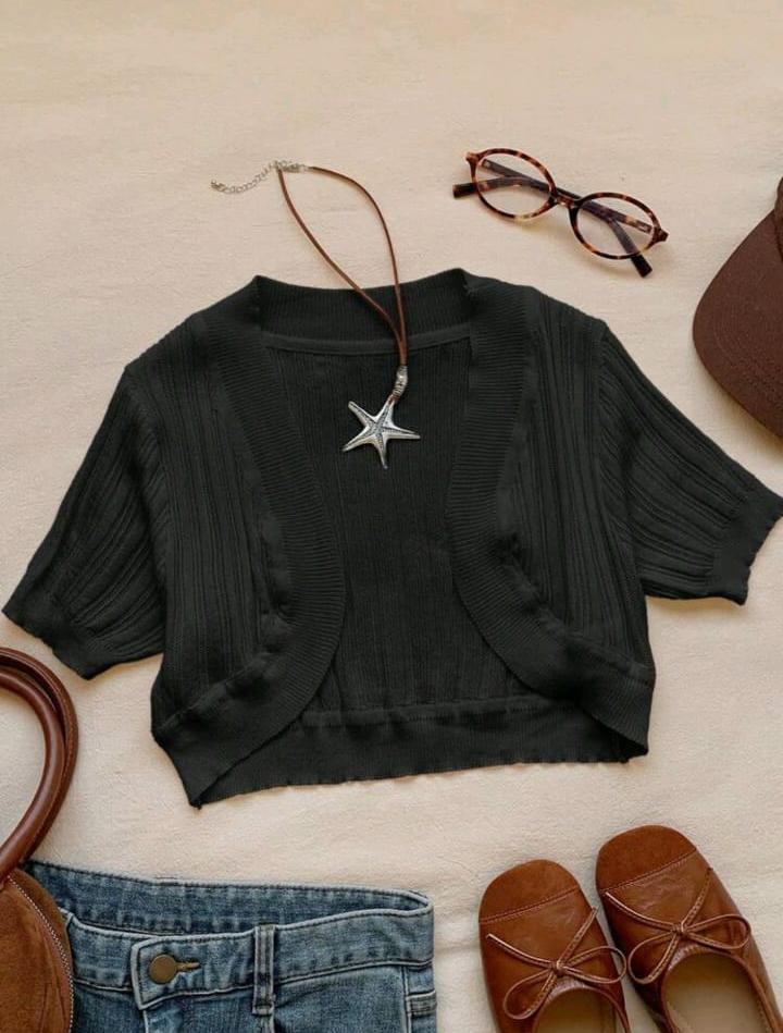 SHEIN Fast Delivery Black Ribbed Cropped Bolero Cardigan