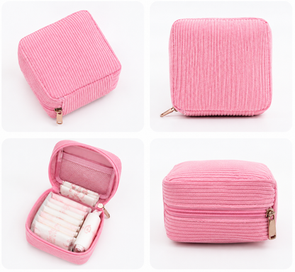 SHEIN Pink Ribbed Square Makeup Bag – Mini Cosmetic Storage Pouch, SHEIN Fast Delivery in 5 Days