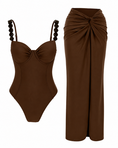 SHEIN Brown Beaded Strap Swimsuit & Matching Sarong Skirt Set - SHEIN Fast Delivery in 5 Days