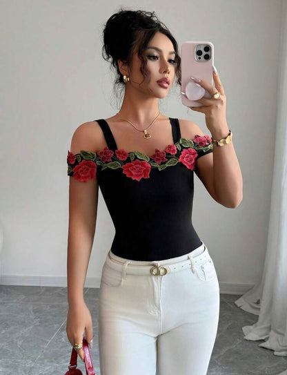 Black Floral Embroidered Off-Shoulder Top – SHEIN Fast Delivery in 5 Days