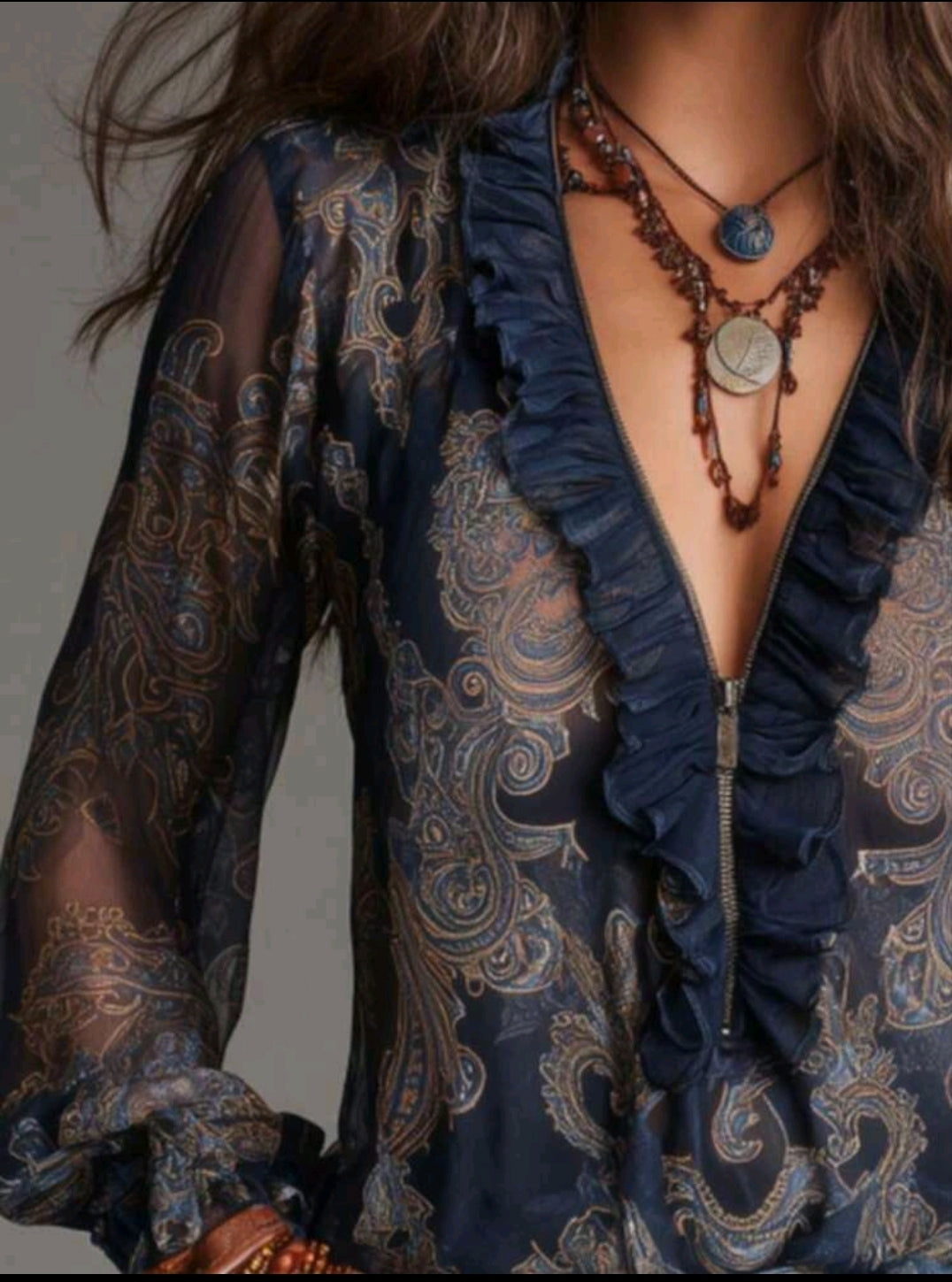 Navy Paisley Sheer Ruffle Blouse