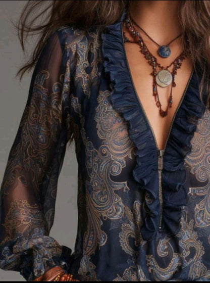 Navy Paisley Sheer Ruffle Blouse
