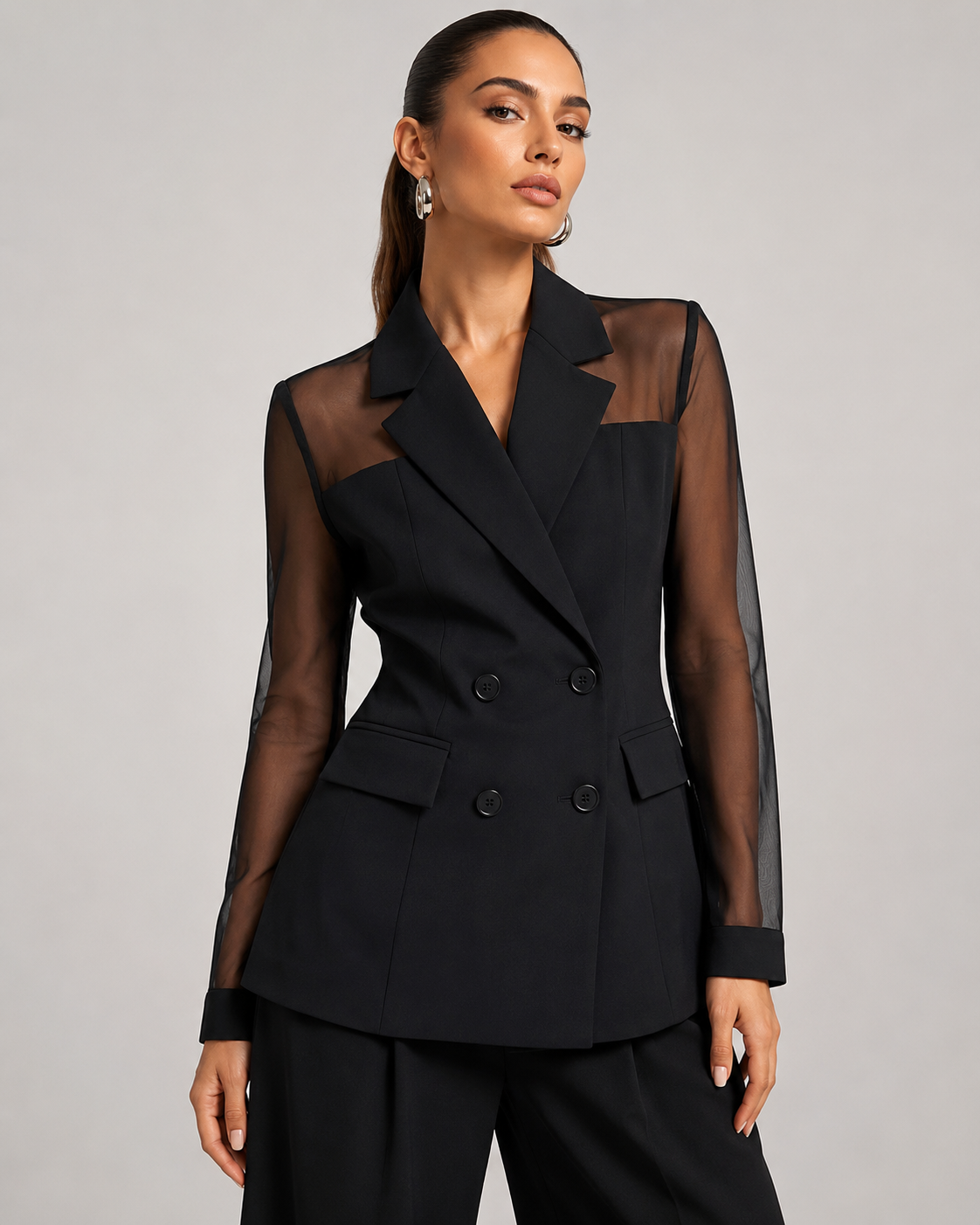 Black Double Breasted Blazer with Sheer Sleeves – SHEIN Fast Delivery in 5 Days