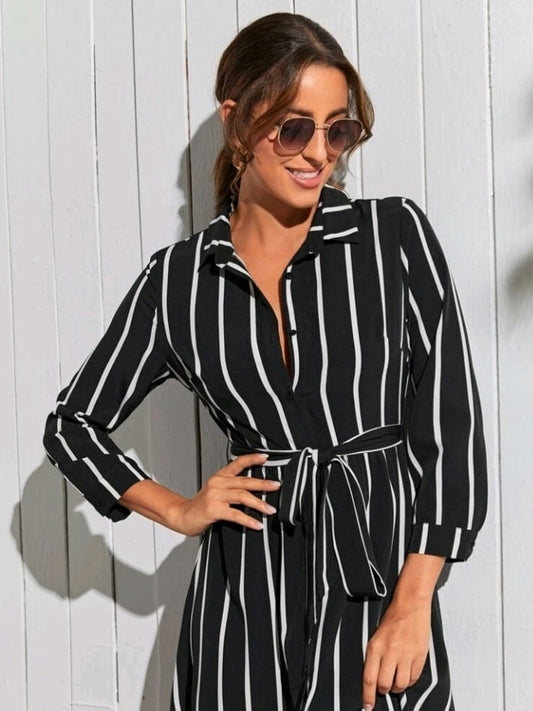 Women Striped Shirt Maxi Dress – Button Front Long Sleeve Casual Elegant Dress
