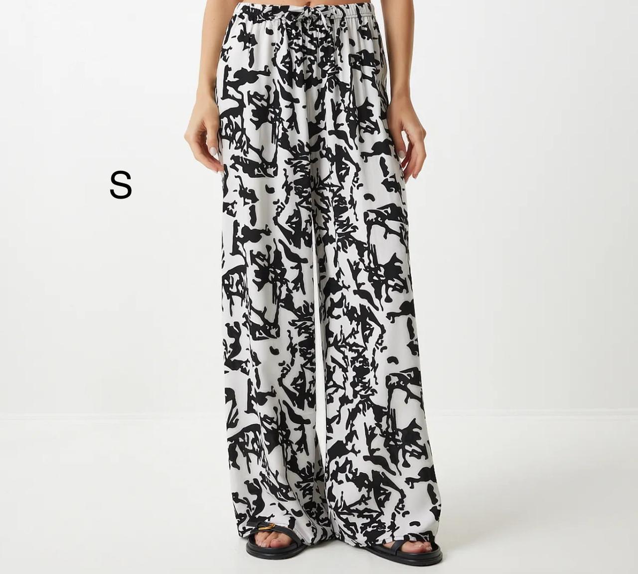 Women’s Trendyol White Black Abstract Wide Leg Pants – Viscose Drawstring Palazzo Pants